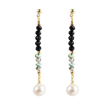 14K Gold-Plated Long Pearl and Black Crystal Earrings with 925 Silver Posts – Elegant Statement Jewelry for Young Women, Perfect for Parties, Balls, Birthdays and Gift Giving