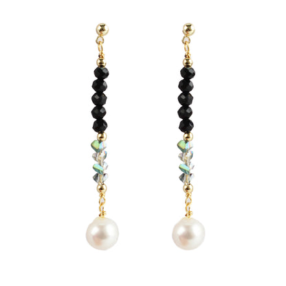 14K Gold-Plated Long Pearl and Black Crystal Earrings with 925 Silver Posts – Elegant Statement Jewelry for Young Women, Perfect for Parties, Balls, Birthdays and Gift Giving