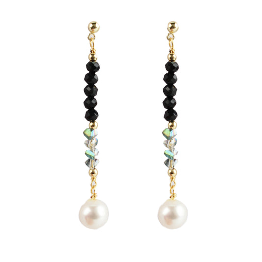 14K Gold-Plated Long Pearl and Black Crystal Earrings with 925 Silver Posts – Elegant Statement Jewelry for Young Women, Perfect for Parties, Balls, Birthdays and Gift Giving