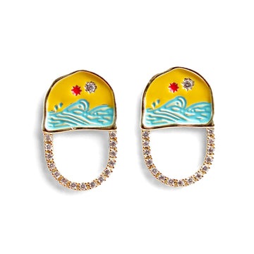 14K Gold-Plated Hand-Painted “Ocean Sunrise” Stud Earrings with 925 Silver Posts – Artistic Jewelry for Young Women, Perfect for Parties, Balls, Birthdays and Gift Giving