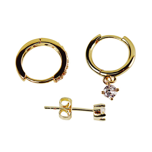3-Piece Single Earrings Set 14K Gold Plated with 925 Silver Posts – Stylish Ear Jewelry for Young Women, Perfect for Parties, Birthdays and Elegant Gifting Box