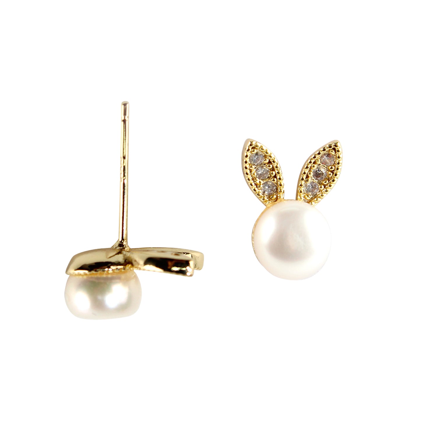 14K Gold-Plated Bunny Pearl Earrings with Zirconia – 925 Silver Studs, Hypoallergenic, Gift-Ready