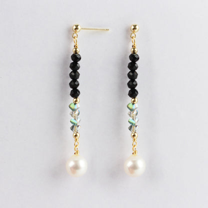 14K Gold-Plated Long Pearl and Black Crystal Earrings with 925 Silver Posts – Elegant Statement Jewelry for Young Women, Perfect for Parties, Balls, Birthdays and Gift Giving