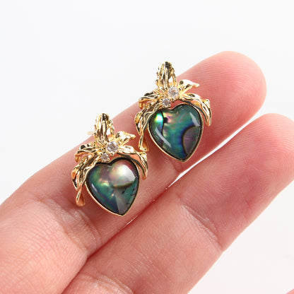 14K Gold-Plated Green Abalone Heart Earrings with 925 Silver Posts – Elegant Jewelry for Young Women, Ideal for Parties, Balls, Birthdays and Gift Giving