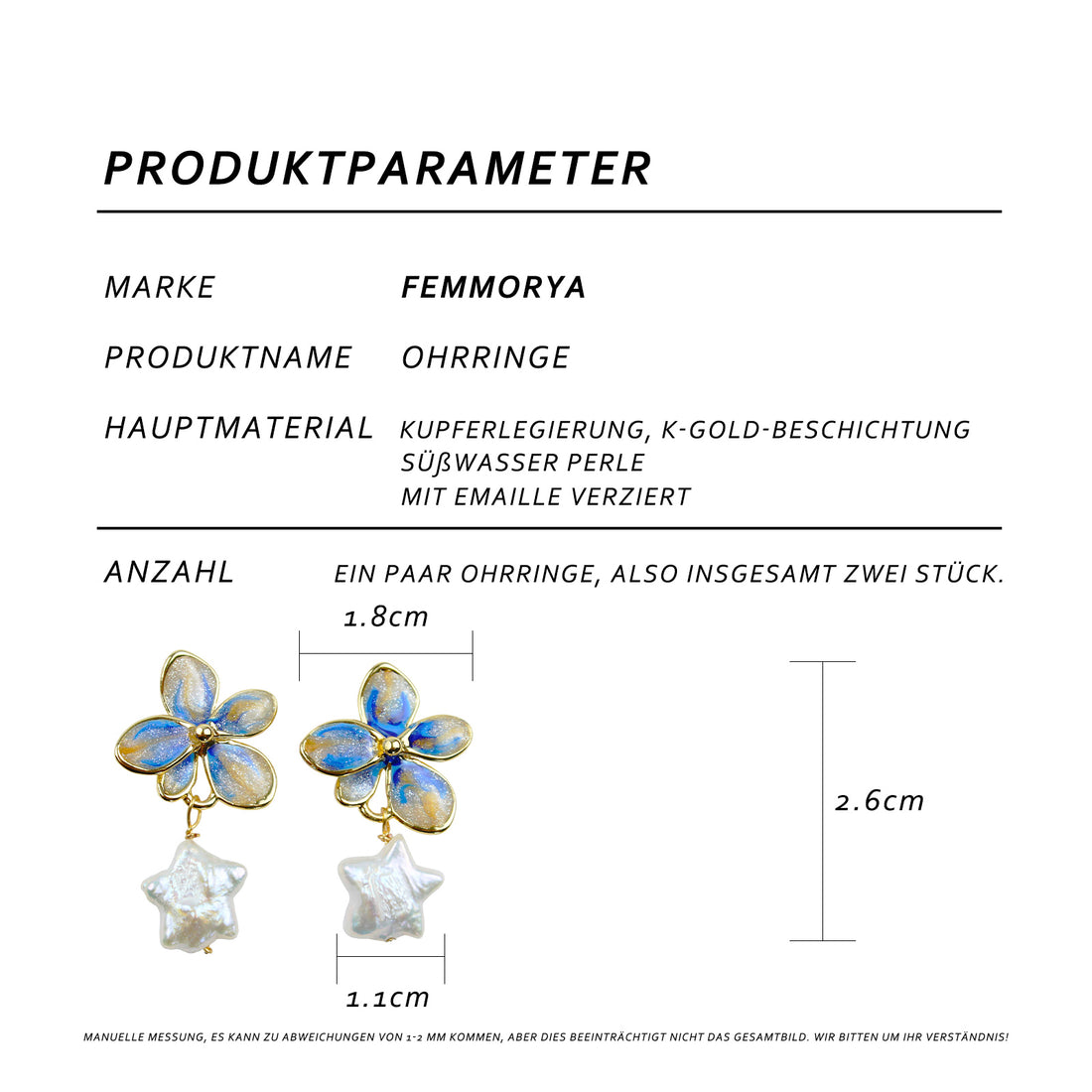 Blauer Blumenstern Perlen Ohrstecker – 14K vergoldet, Emaille & Süßwasserperle mit 925 Silberstift, eleganter hypoallergener Ohrschmuck für Damen