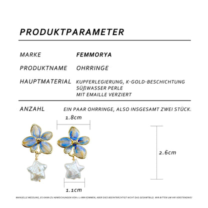 Blauer Blumenstern Perlen Ohrstecker – 14K vergoldet, Emaille & Süßwasserperle mit 925 Silberstift, eleganter hypoallergener Ohrschmuck für Damen