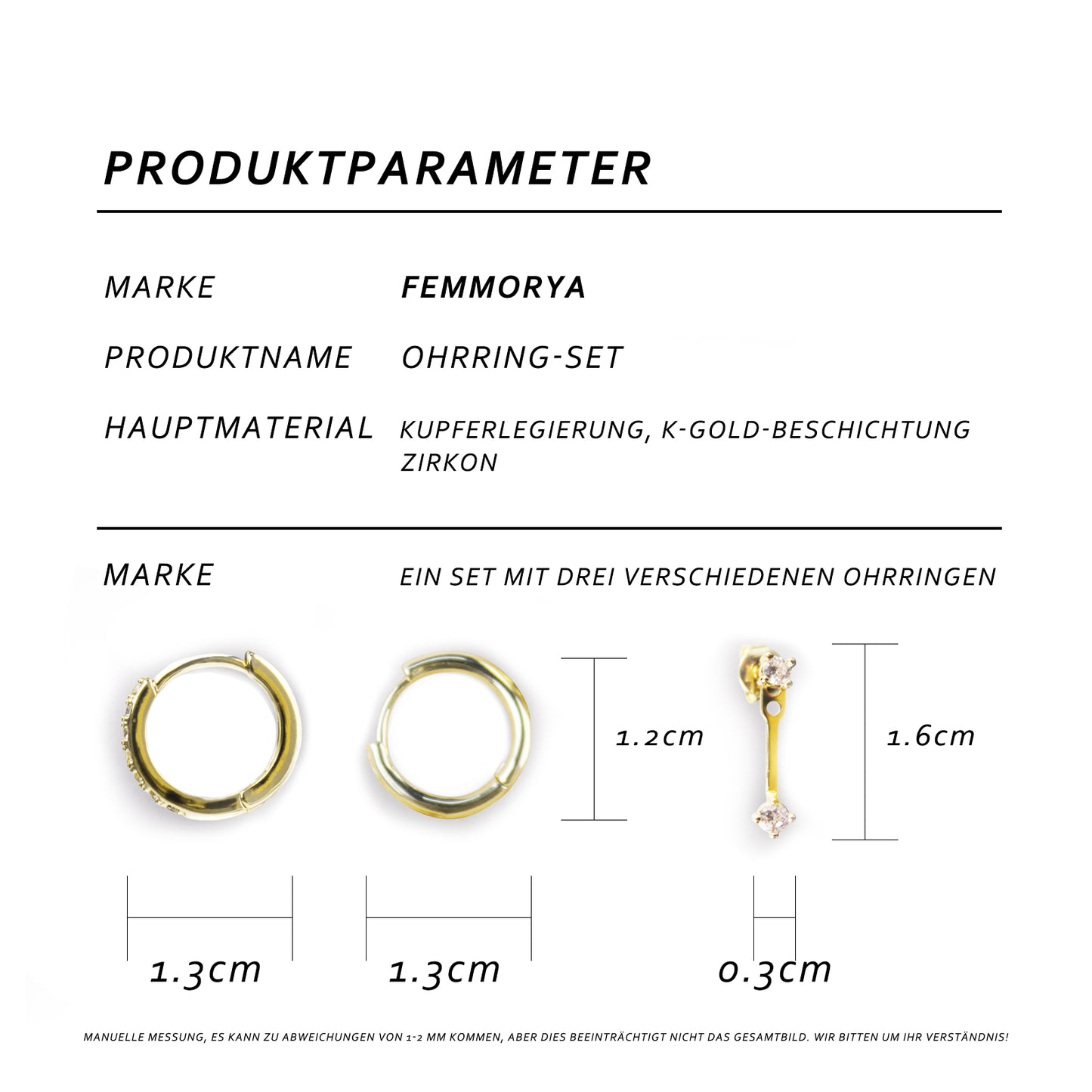 3-Piece Single Earrings Set in 14K Gold Plated with 925 Silver Posts – Stylish Ear Jewelry for Young Women, Perfect for Parties, Birthdays and Gifting in Elegant Box