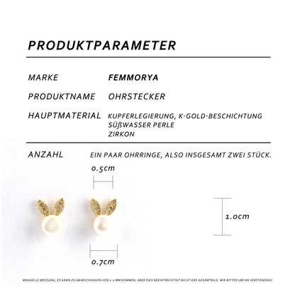 14K Gold-Plated Bunny Pearl Earrings with Zirconia – 925 Silver Studs, Hypoallergenic, Gift-Ready