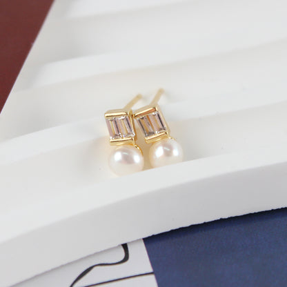 14K Gold-Plated Zirconia and Pearl Stud Earrings with 925 Silver Posts – Elegant Gift-Ready Jewelry for Young Women, Perfect for Parties, Balls and Birthdays