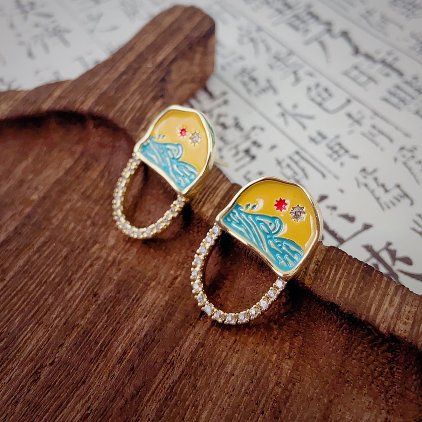 14K Gold-Plated Hand-Painted “Ocean Sunrise” Stud Earrings with 925 Silver Posts – Artistic Jewelry for Young Women, Perfect for Parties, Balls, Birthdays and Gift Giving