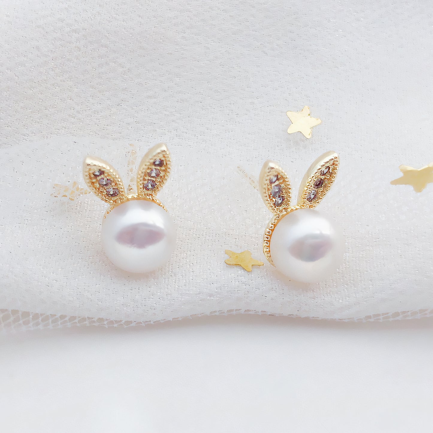 14K Gold-Plated Bunny Pearl Earrings with Zirconia – 925 Silver Studs, Hypoallergenic, Gift-Ready