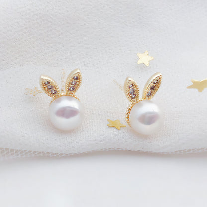 14K Gold-Plated Bunny Pearl Earrings with Zirconia – 925 Silver Studs, Hypoallergenic, Gift-Ready