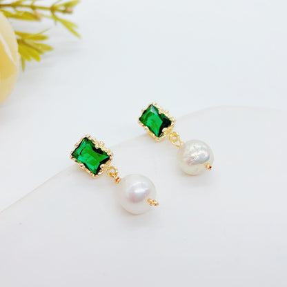 14K Gold-Plated Green Agate and Freshwater Pearl Earrings with 925 Silver Posts – Elegant Gift Jewelry for Young Women
