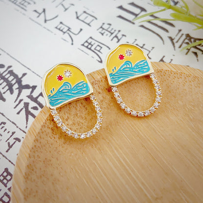 14K Gold-Plated Hand-Painted “Ocean Sunrise” Stud Earrings with 925 Silver Posts – Artistic Jewelry for Young Women, Perfect for Parties, Balls, Birthdays and Gift Giving