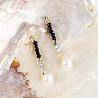 14K Gold-Plated Long Pearl and Black Crystal Earrings with 925 Silver Posts – Elegant Statement Jewelry for Young Women, Perfect for Parties, Balls, Birthdays and Gift Giving