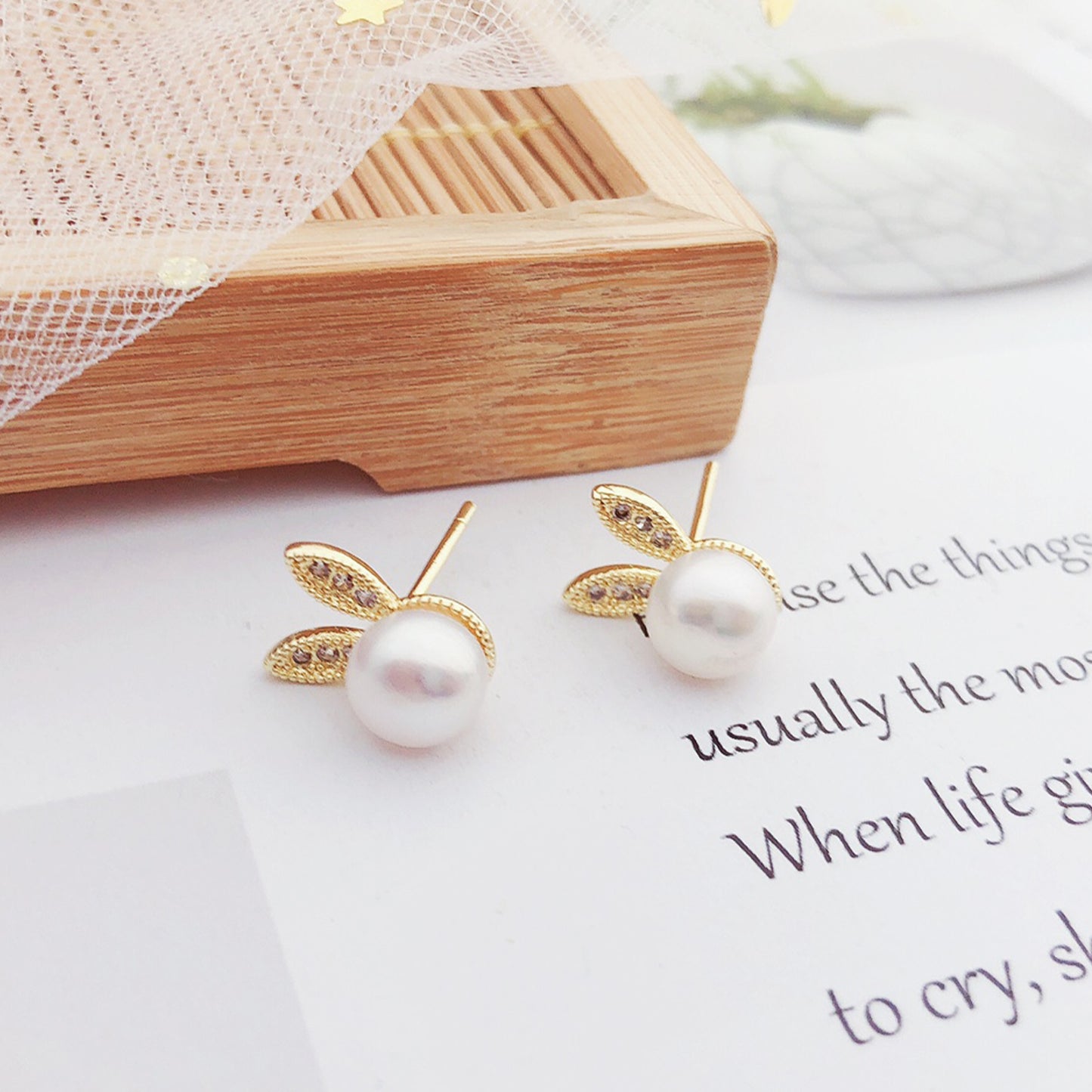 14K Gold-Plated Bunny Pearl Earrings with Zirconia – 925 Silver Studs, Hypoallergenic, Gift-Ready