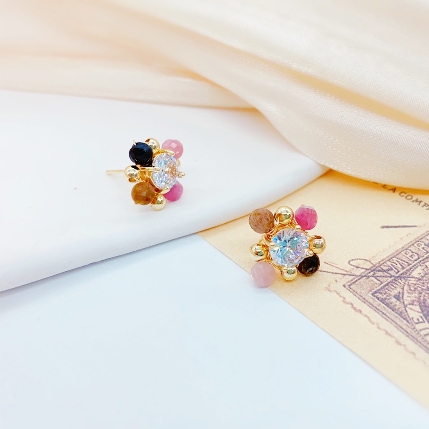 14K Gold-Plated Handmade Wrap Earrings with Crystal, Zirconia and Tourmaline, 925 Silver Posts – Elegant Statement Jewelry for Young Women, Perfect for Parties, Balls, Birthdays and Gift Giving