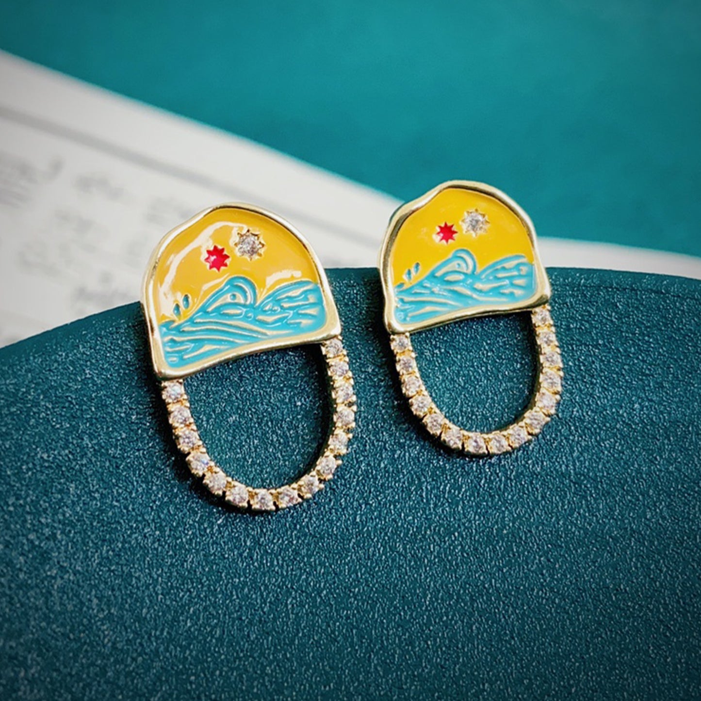 14K Gold-Plated Hand-Painted “Ocean Sunrise” Stud Earrings with 925 Silver Posts – Artistic Jewelry for Young Women, Perfect for Parties, Balls, Birthdays and Gift Giving