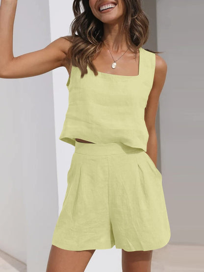 Women’s 2-Piece Casual Set – Linen Shorts and Sleeveless Tank Top