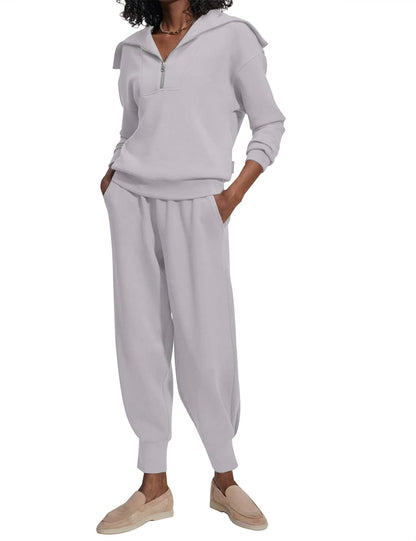 Half-Zip Long Sleeve Collared Sports Top and High-Waisted Athletic Pants Two-Piece Set