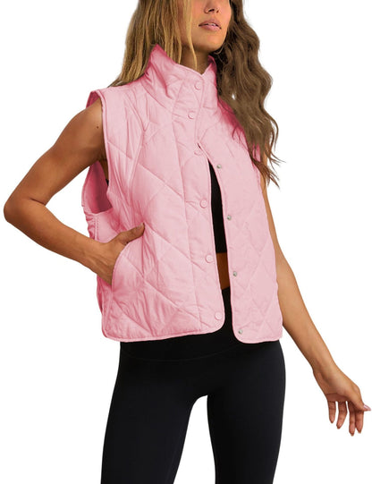 Women's Quilted Padded Vest – Lightweight Button-Up Stand Collar Gilet with Pockets