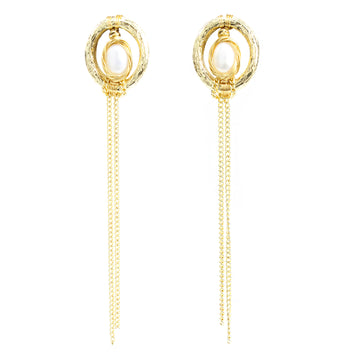 Comet Trail Pearl Earrings – 14K Gold-Plated Dangle Earrings with Freshwater Pearl & Golden Fringe for Women 🌠✨