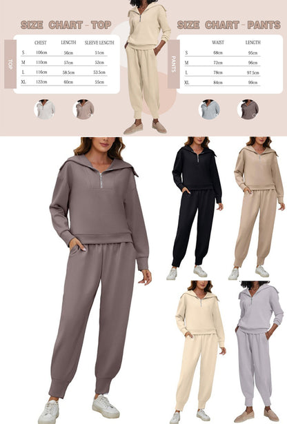 Half-Zip Long Sleeve Collared Sports Top and High-Waisted Athletic Pants Two-Piece Set