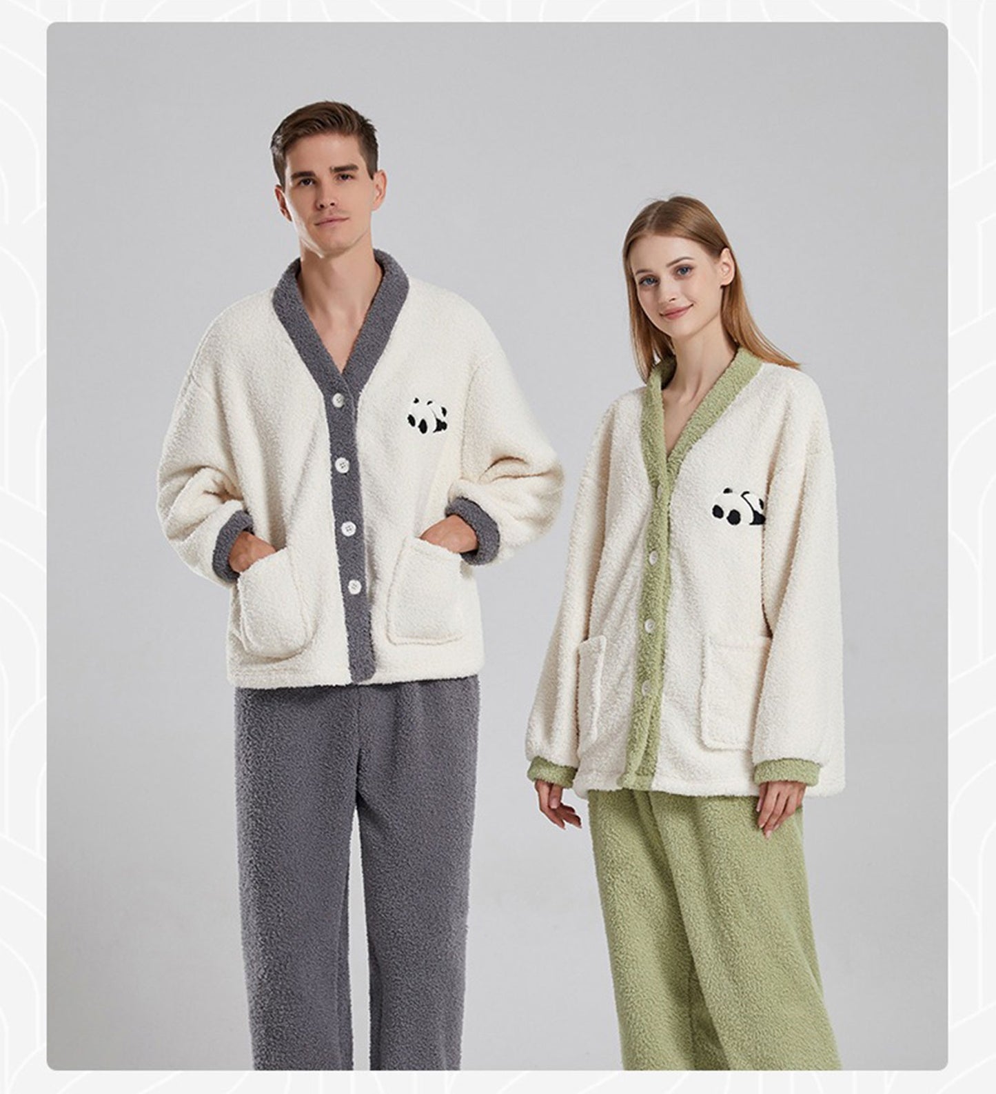 Couples' Winter Pajamas for Women – Thick Coral Fleece Loungewear with Half-Fleece Cartoon Panda Design, Couples Pajama Set