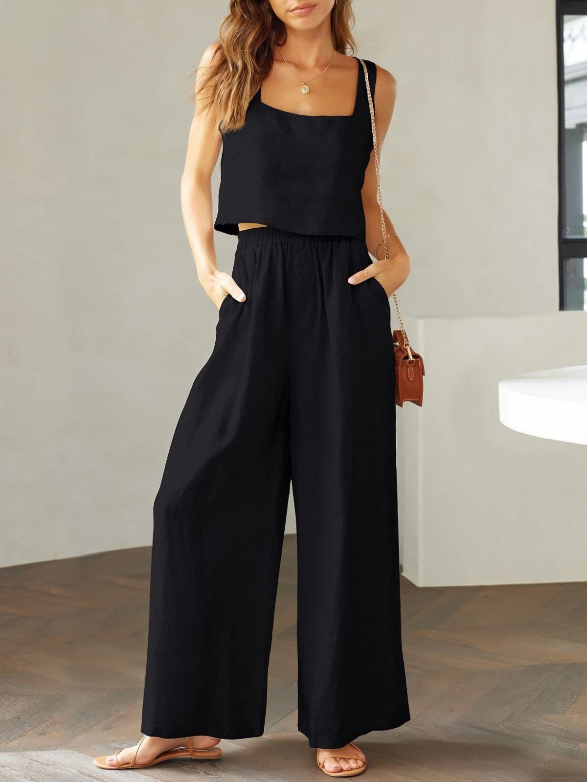 Women's 2-Piece Sleeveless Tank Top and Wide-Leg Long Pants Casual Set