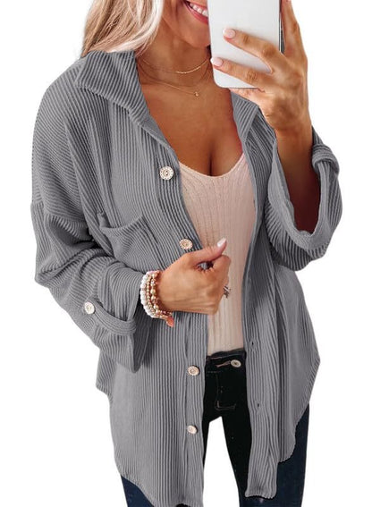 Women's Waffle Shirt - Solid Color Long Sleeve Button-Down Collar Jacket