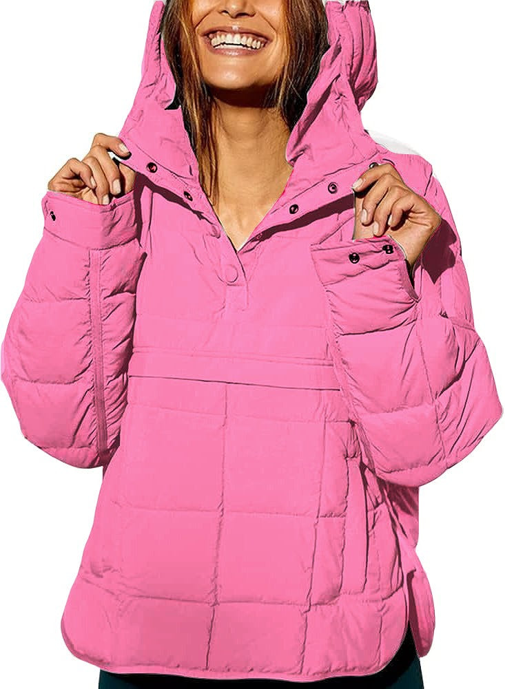 Autumn & Winter Solid Color Hooded Cotton Jacket – Foldable, Padded Pullover with Pockets for Women