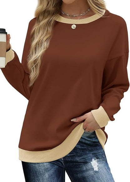 Women's Sporty Sweatshirt – Round Neck, Long Sleeve, Loose Fit, Color-Blocked with Ribbed Trim