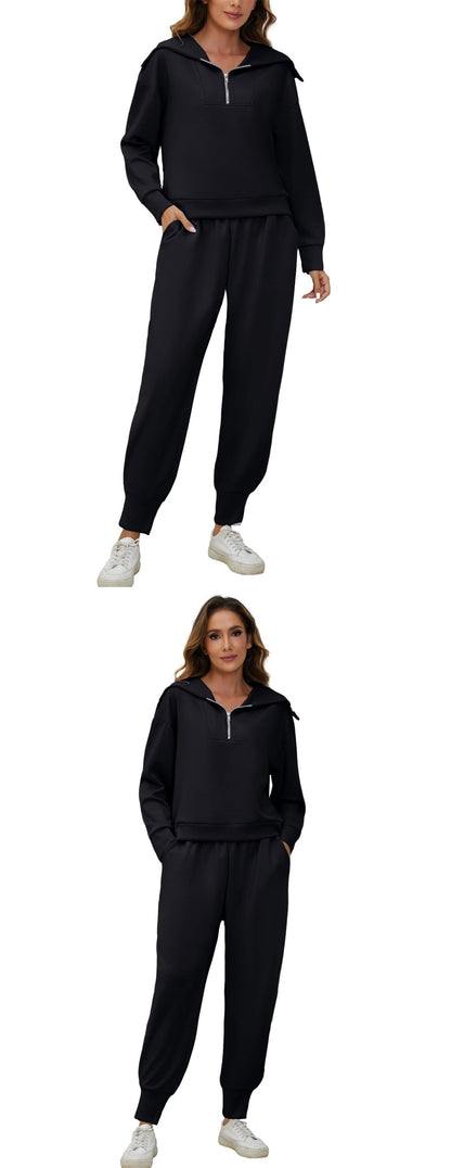 Half-Zip Long Sleeve Collared Sports Top and High-Waisted Athletic Pants Two-Piece Set