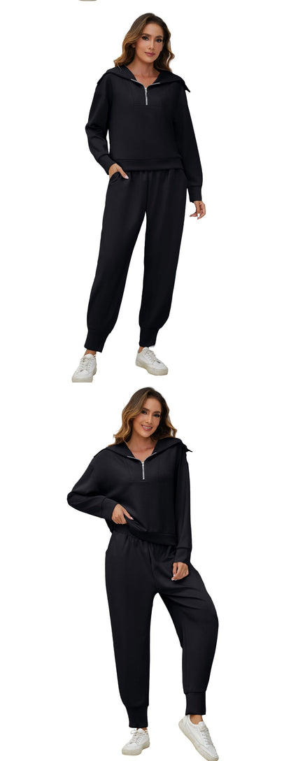 Half-Zip Long Sleeve Collared Sports Top and High-Waisted Athletic Pants Two-Piece Set