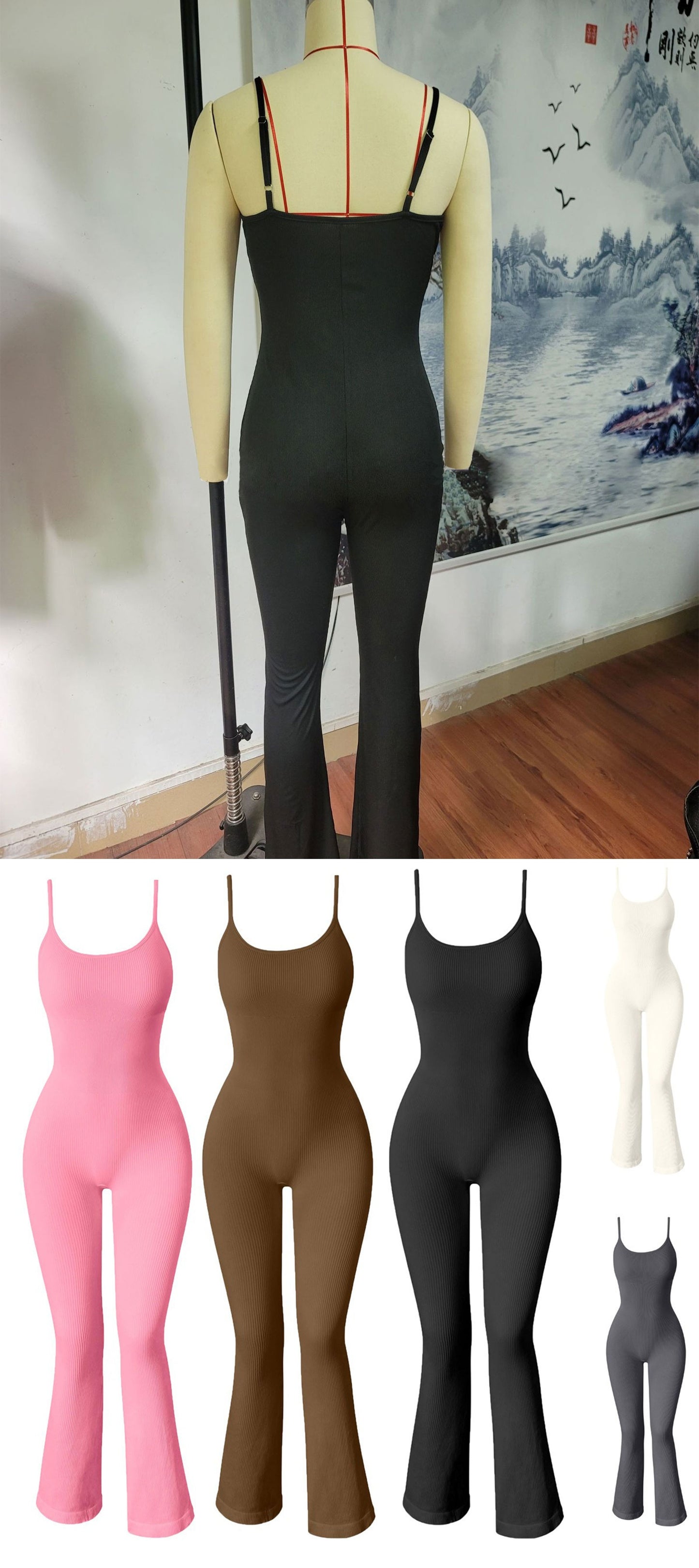 Women's Ribbed Yoga Jumpsuit – Adjustable Spaghetti Strap Top with Flared Pants