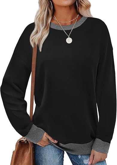 Women's Sporty Sweatshirt – Round Neck, Long Sleeve, Loose Fit, Color-Blocked with Ribbed Trim