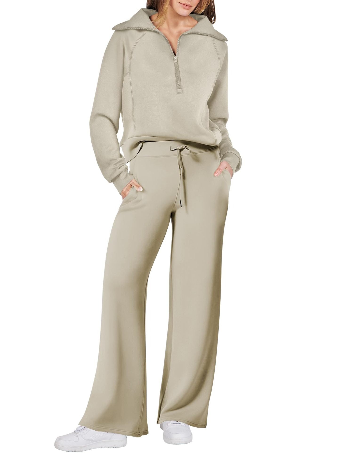 Autumn/Winter Casual Sports Set – Zip-Up Long Sleeve Sweatshirt and Wide-Leg Pants Two-Piece