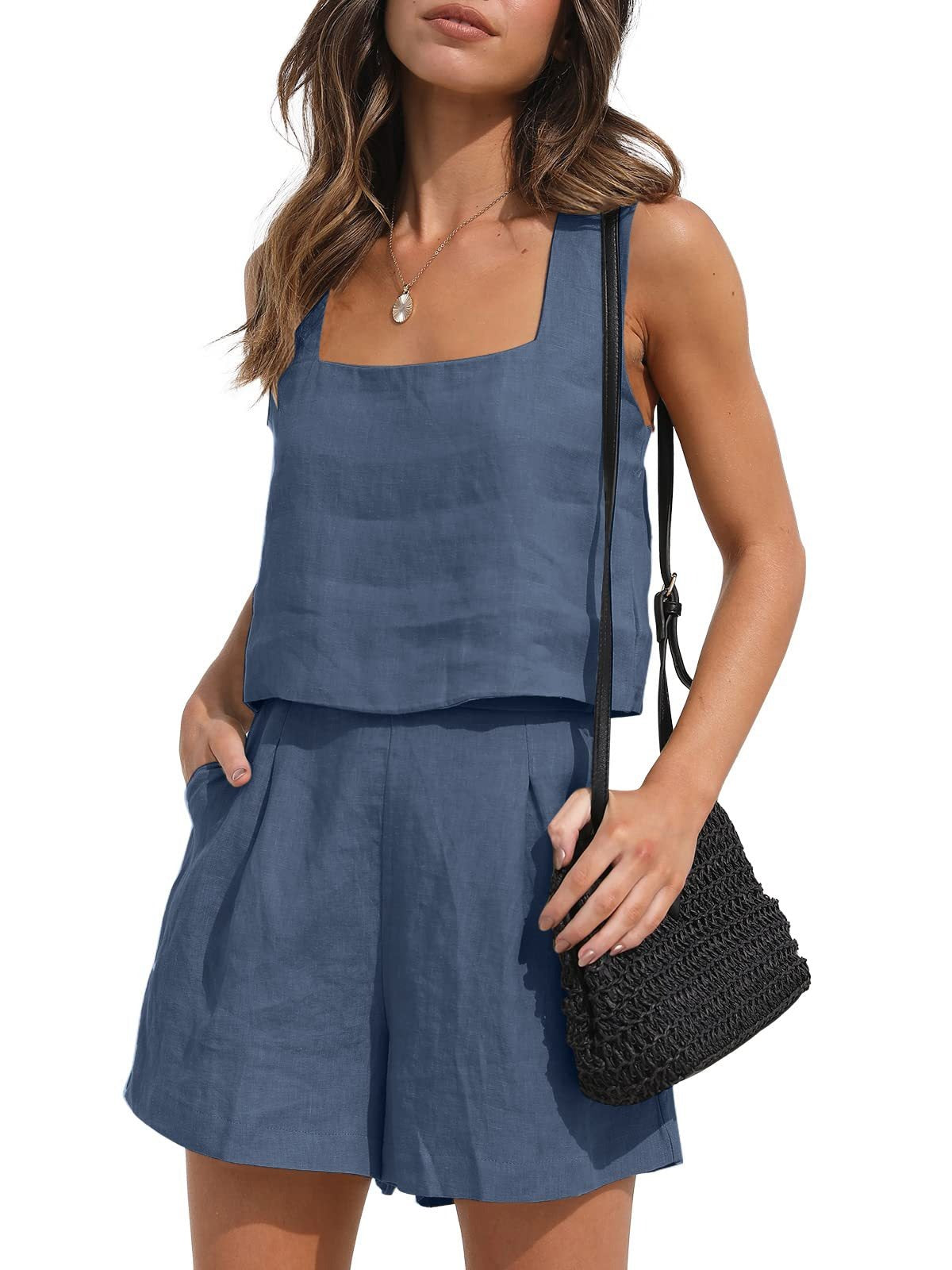 Women’s 2-Piece Casual Set – Linen Shorts and Sleeveless Tank Top