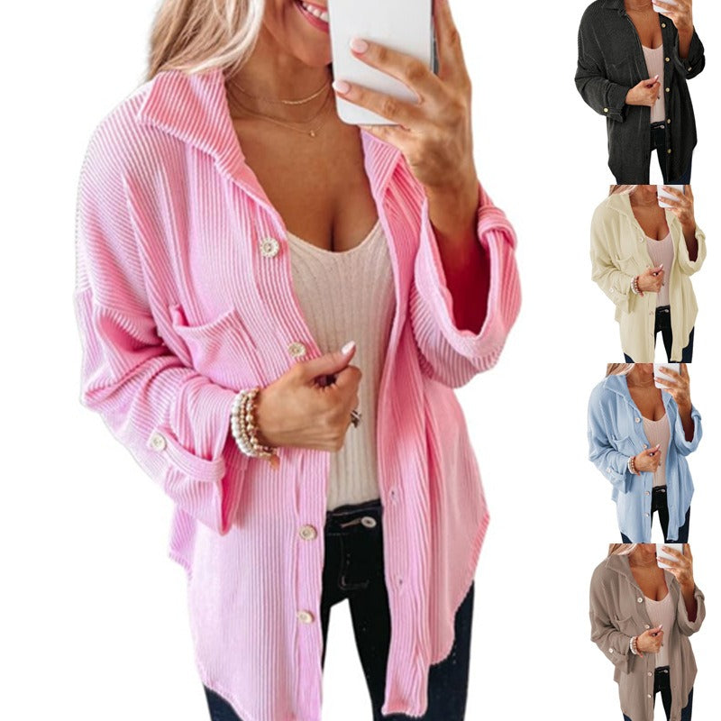 Women's Waffle Shirt - Solid Color Long Sleeve Button-Down Collar Jacket