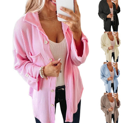 Women's Waffle Shirt - Solid Color Long Sleeve Button-Down Collar Jacket