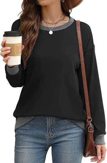 Women's Sporty Sweatshirt – Round Neck, Long Sleeve, Loose Fit, Color-Blocked with Ribbed Trim