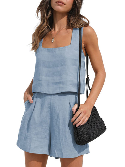 Women’s 2-Piece Casual Set – Linen Shorts and Sleeveless Tank Top