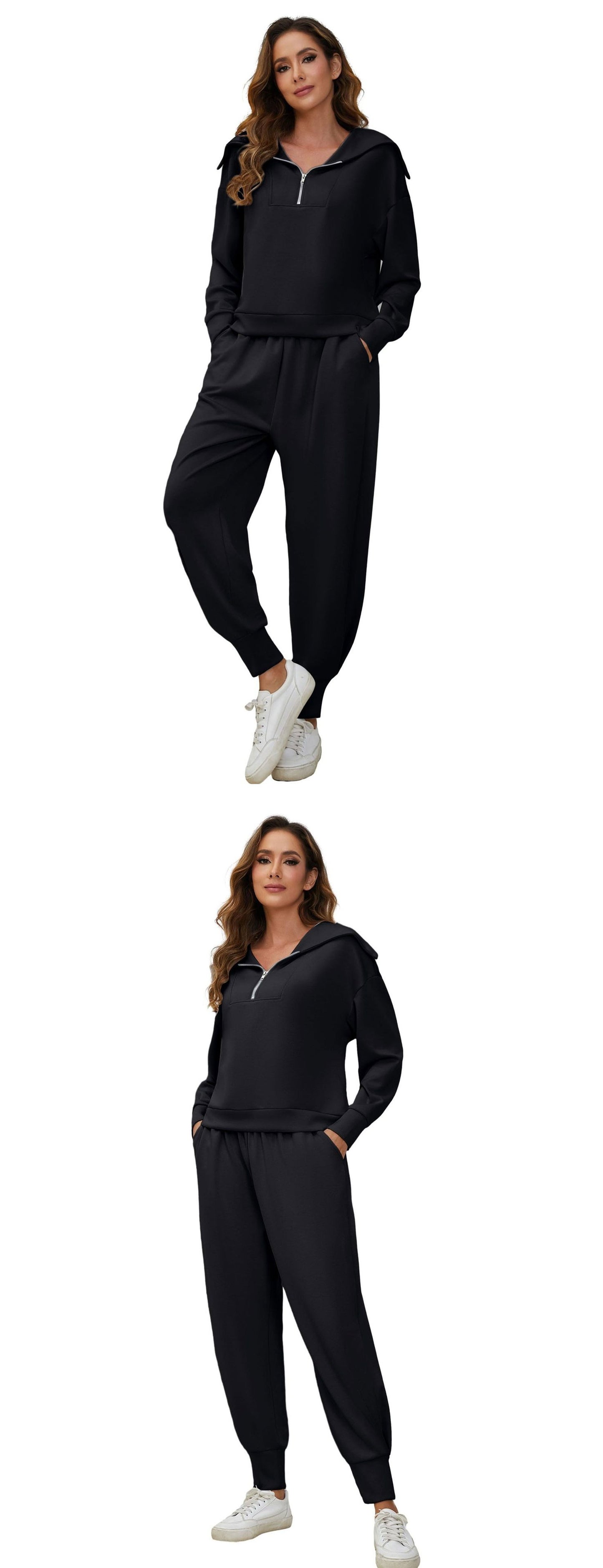 Half-Zip Long Sleeve Collared Sports Top and High-Waisted Athletic Pants Two-Piece Set