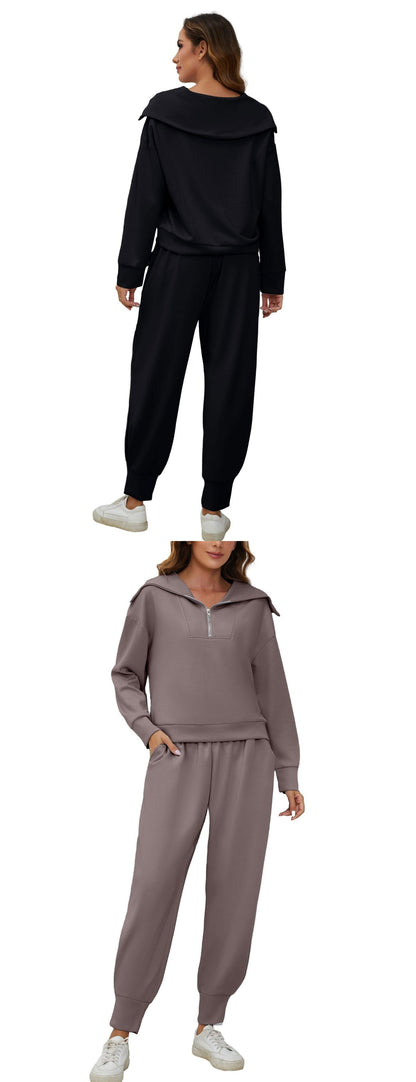 Half-Zip Long Sleeve Collared Sports Top and High-Waisted Athletic Pants Two-Piece Set