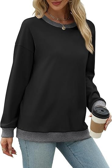 Women's Sporty Sweatshirt – Round Neck, Long Sleeve, Loose Fit, Color-Blocked with Ribbed Trim