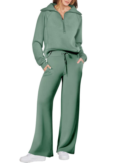 Autumn/Winter Casual Sports Set – Zip-Up Long Sleeve Sweatshirt and Wide-Leg Pants Two-Piece