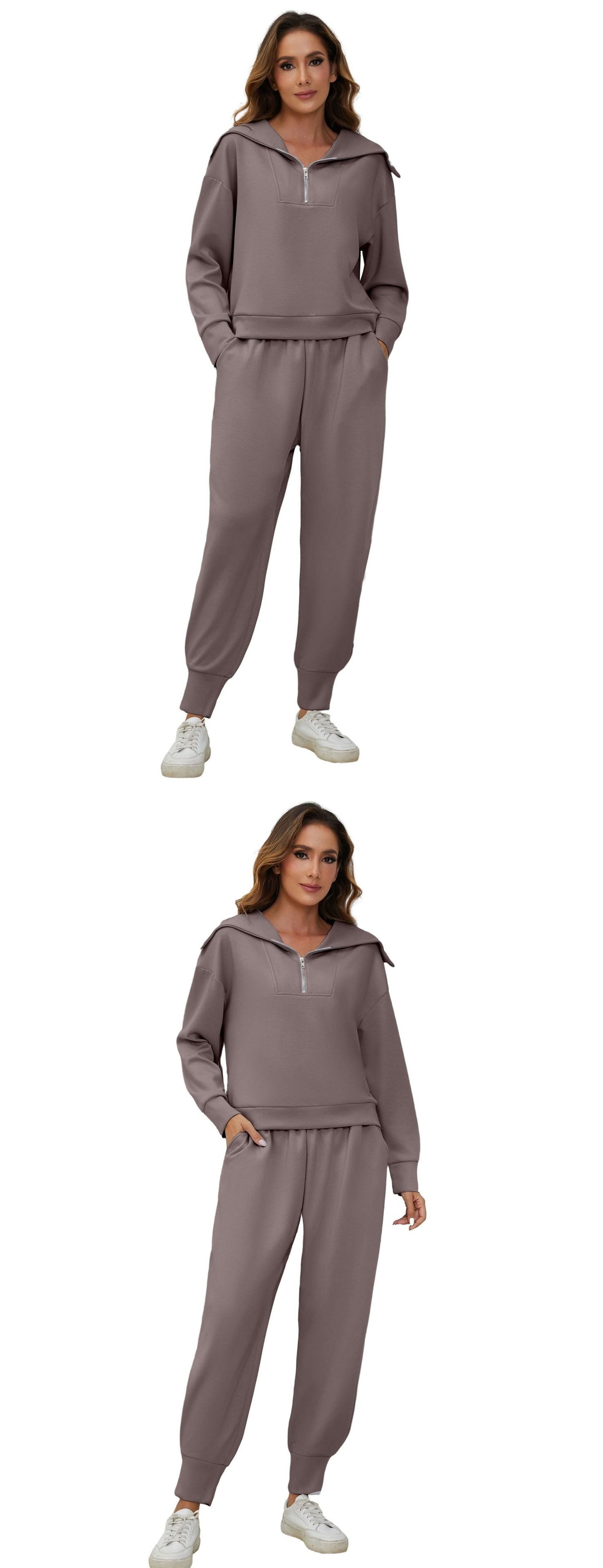 Half-Zip Long Sleeve Collared Sports Top and High-Waisted Athletic Pants Two-Piece Set