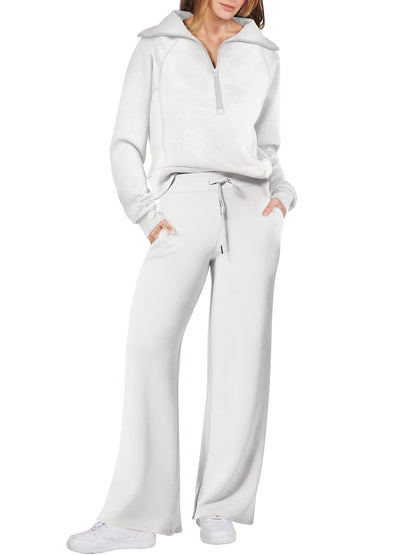 Autumn/Winter Casual Sports Set – Zip-Up Long Sleeve Sweatshirt and Wide-Leg Pants Two-Piece