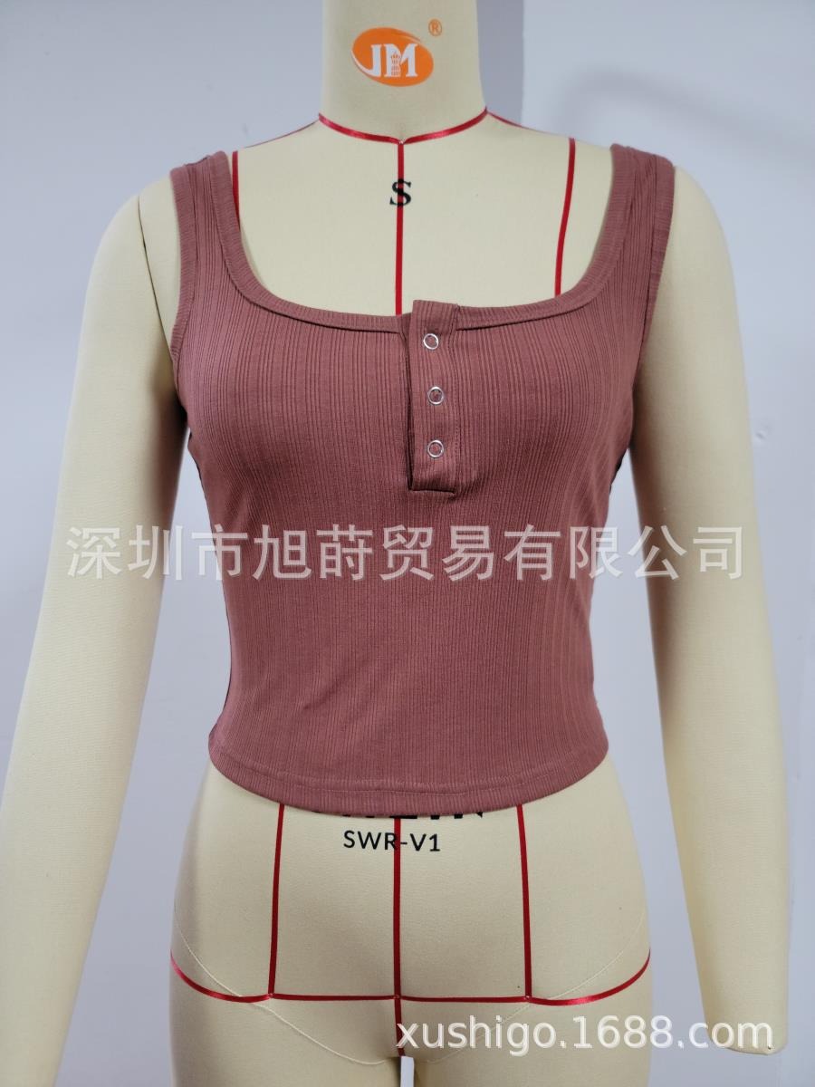 Women's Ribbed Buttoned Neckline Crop Top Casual Sleeveless Vest