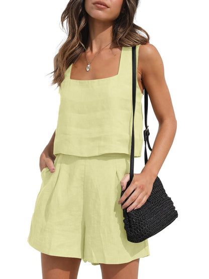 Women’s 2-Piece Casual Set – Linen Shorts and Sleeveless Tank Top